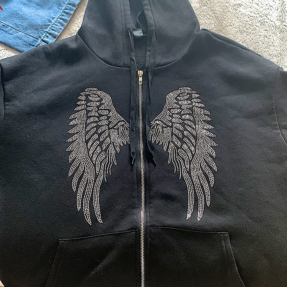 SHEIN Black Rhinestone Wing Zip-up Jacket. Size US 6 (Medium).